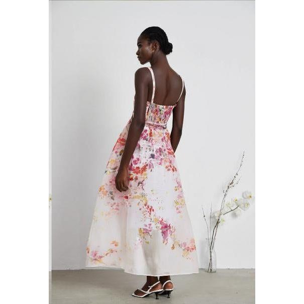 Printed Multi-Color Floral Linen-blend Maxi Dress.