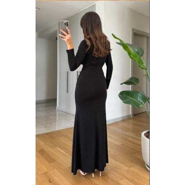 Bottom Pleated Solid Color Long Sleeve Front Tie Dress