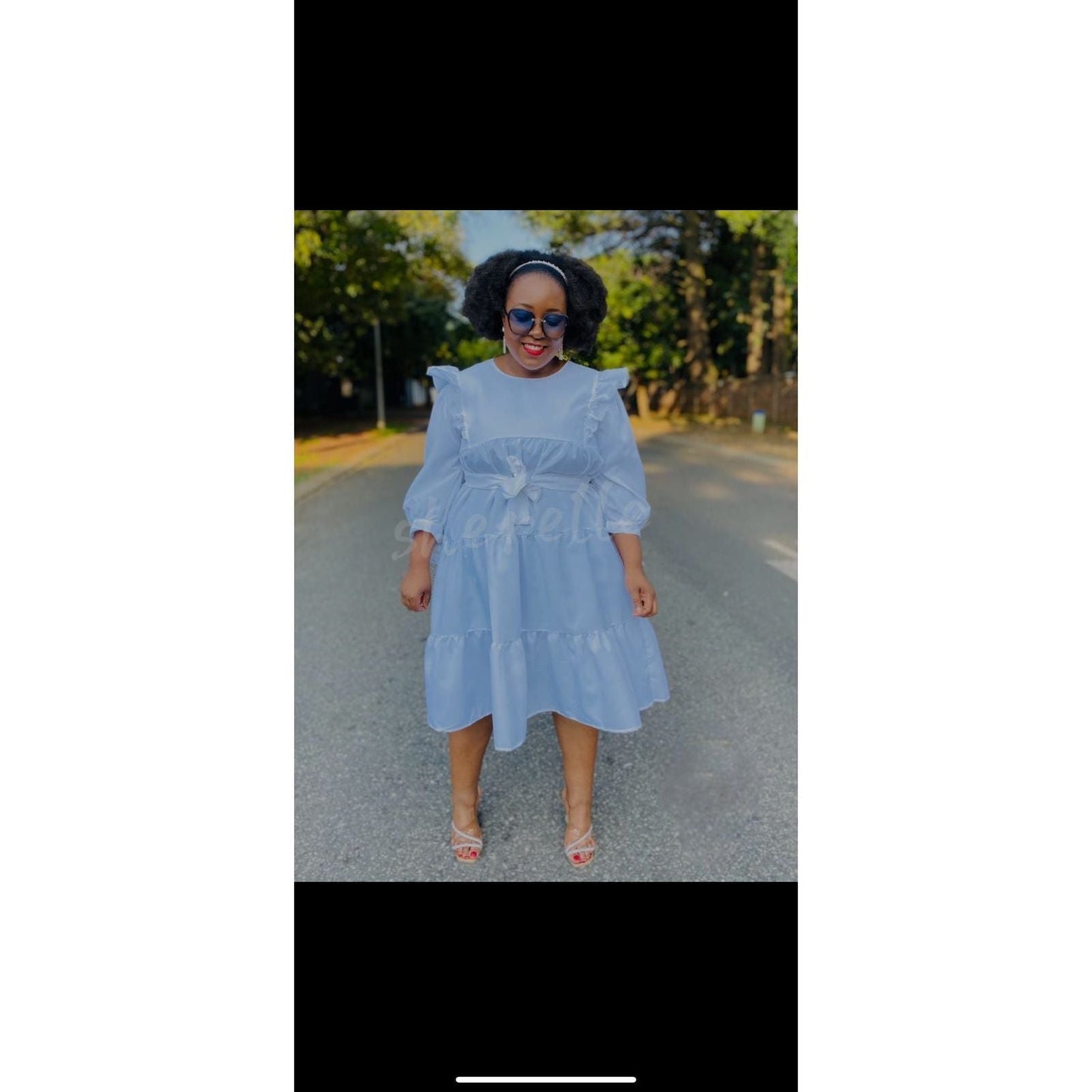 Puffy 3/4 Sleeves Plain Midi Dress