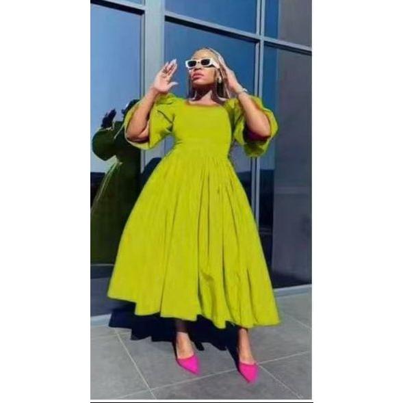 Pleated Square Neck Flared Sleeve Midi Dress