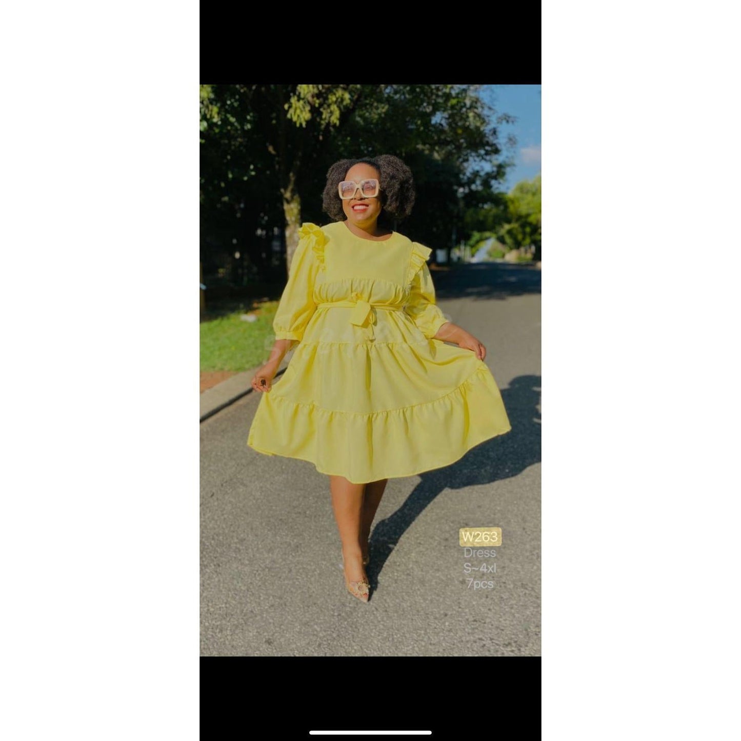 Puffy 3/4 Sleeves Plain Midi Dress