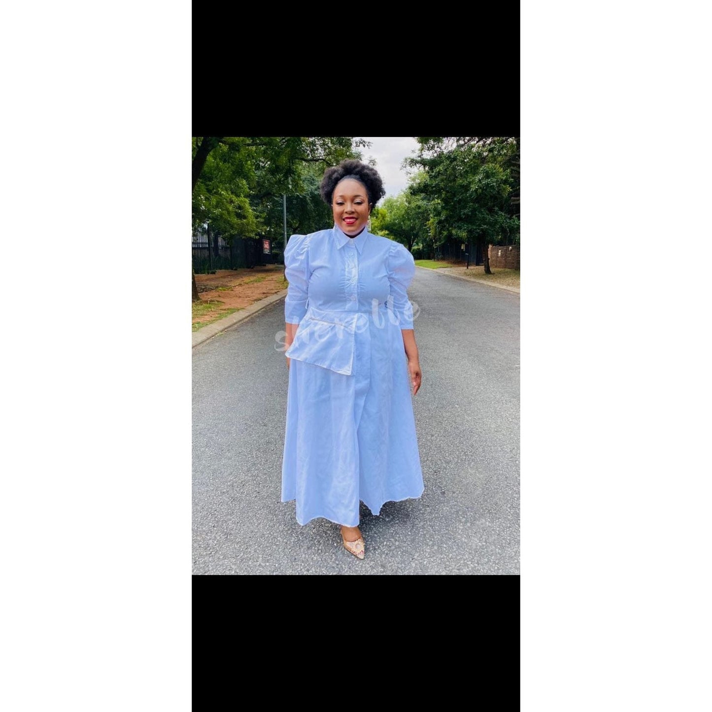 Puffy Sleeves Plain Sleeve Midi Dress