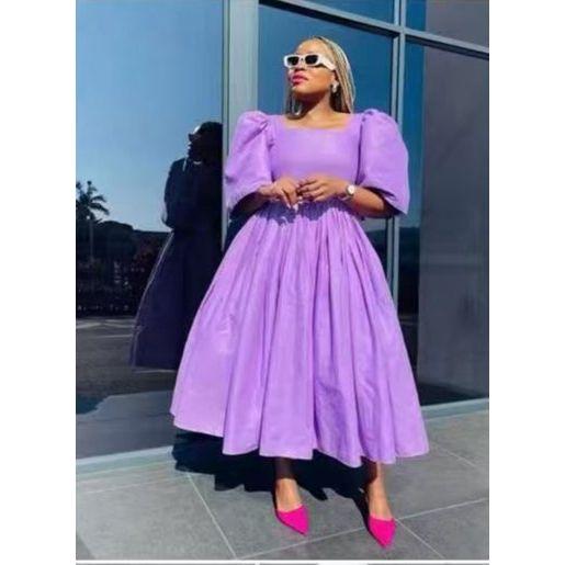 Pleated Square Neck Flared Sleeve Midi Dress