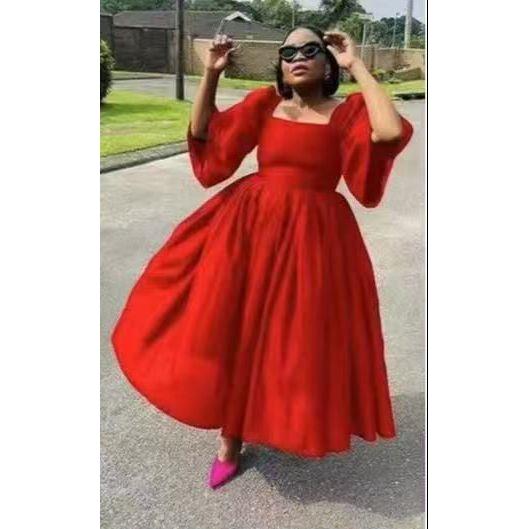 Pleated Square Neck Flared Sleeve Midi Dress