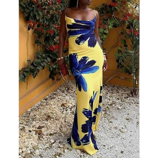 Cowl Neck Backless Silky Printed Dress