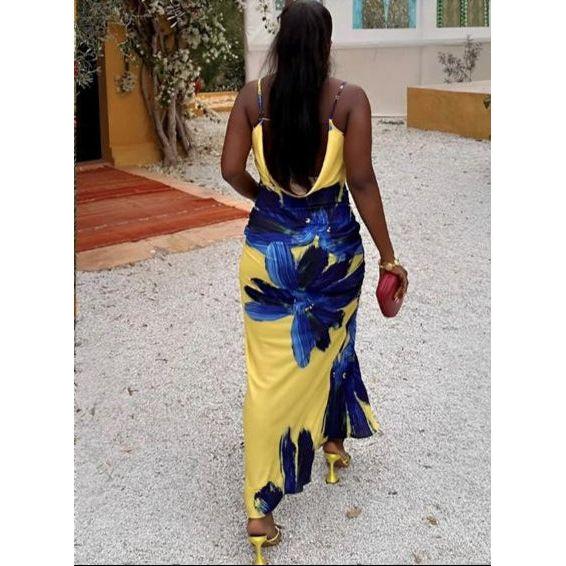 Cowl Neck Backless Silky Printed Dress