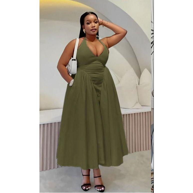 Halter Backless Pleated A-Line Maxi Dress