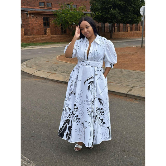 Puffy Sleeves Printed Maxi Dress