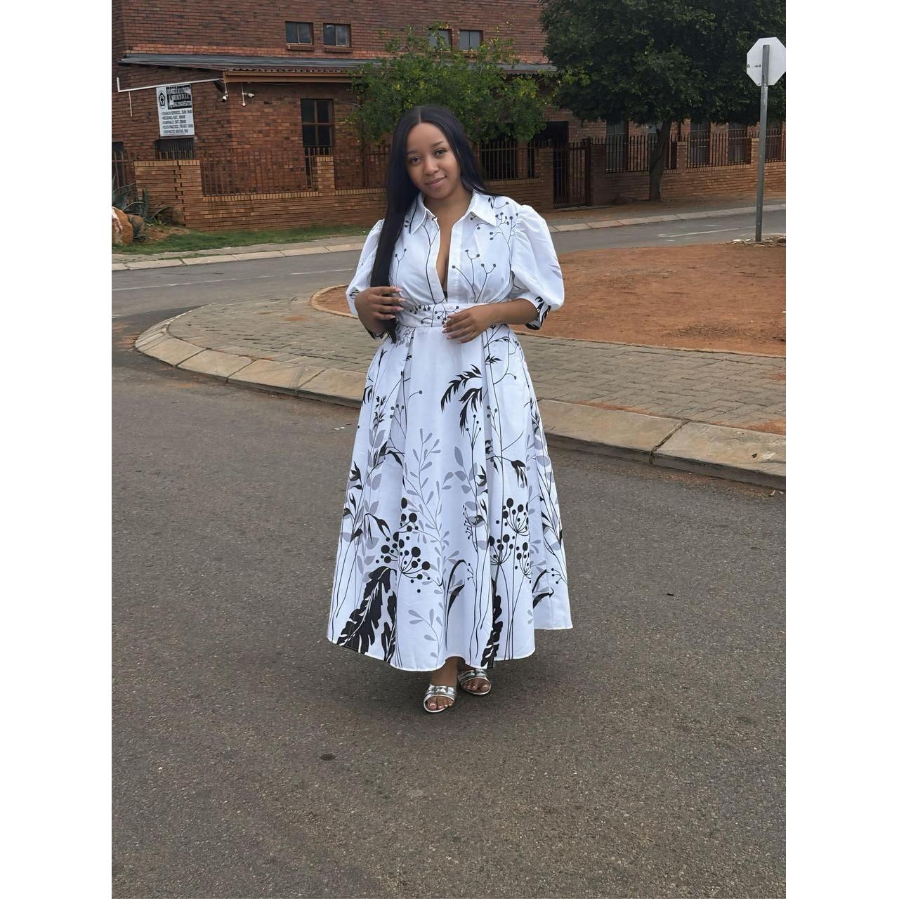 Puffy Sleeves Printed Maxi Dress