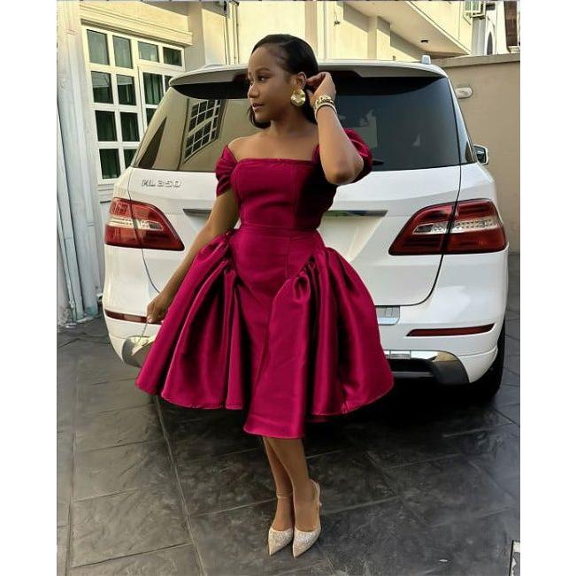 Off Shoulder Silk Pleat Knee Dress