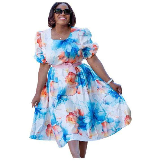 Floral Pleated Print Fit and Flare Midi Dress