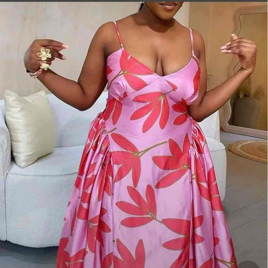 Floral Spaghetti Strap Pleated Maxi Dress.