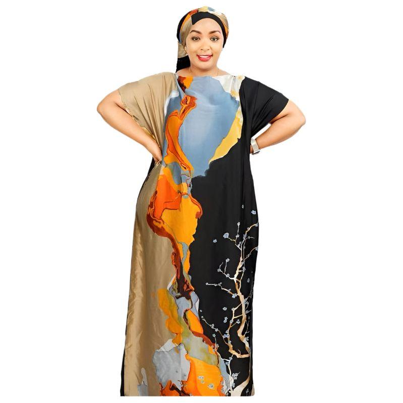 Mix-Color Kaftan African Dashiki Silk Soft Print Loose Dress