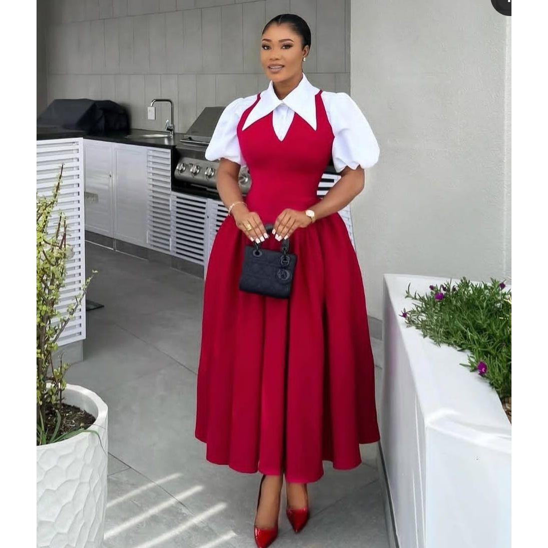 Bubble Sleeve Shirt Collar High Waist Slimming Dress