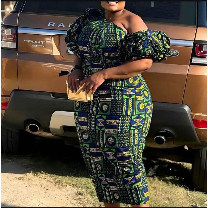 Off-Shoulder Puffy Sleeve Pencil Midi Dress