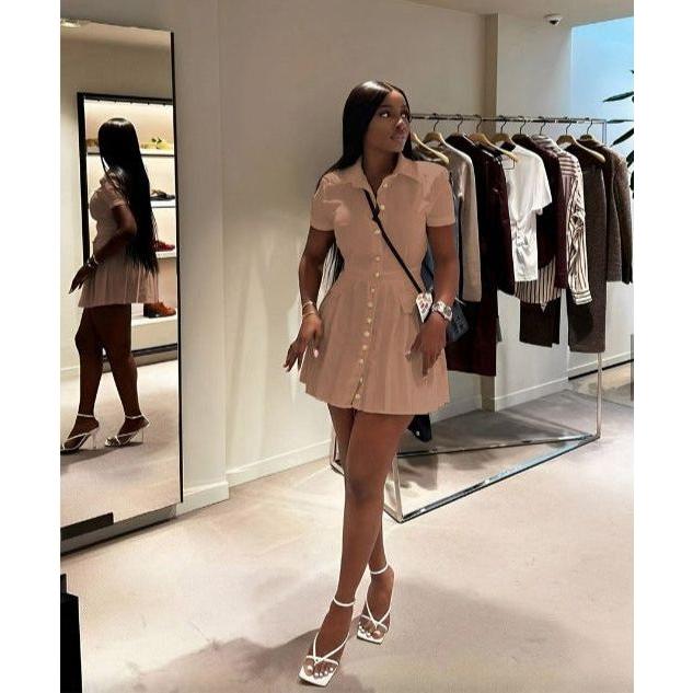 Button Collar Short Sleeve Mini Dress.