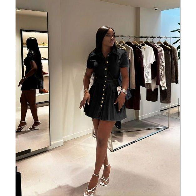 Button Collar Short Sleeve Mini Dress.