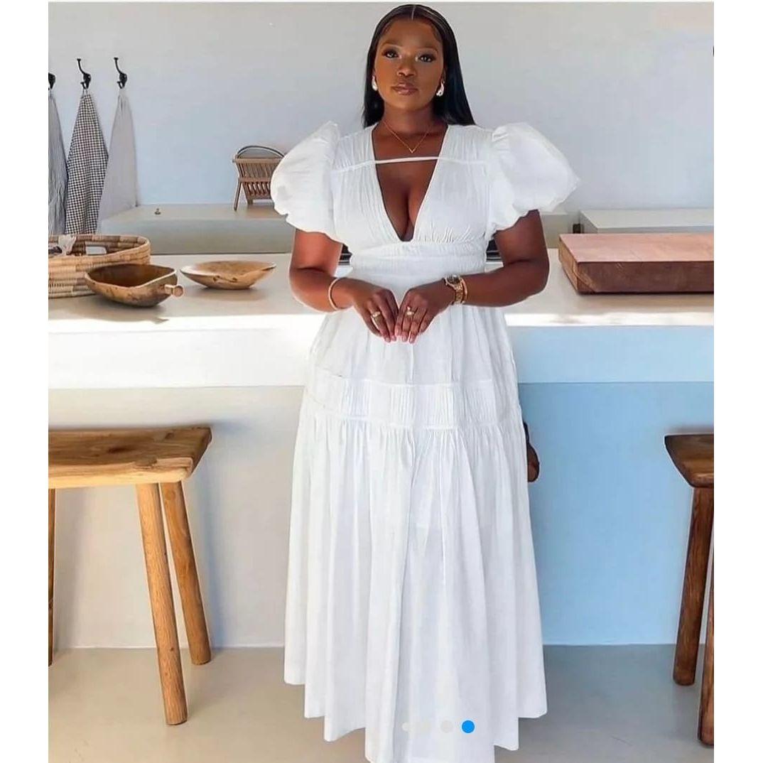 V-Neck Detailed Puffer Sleeve Maxi Dress