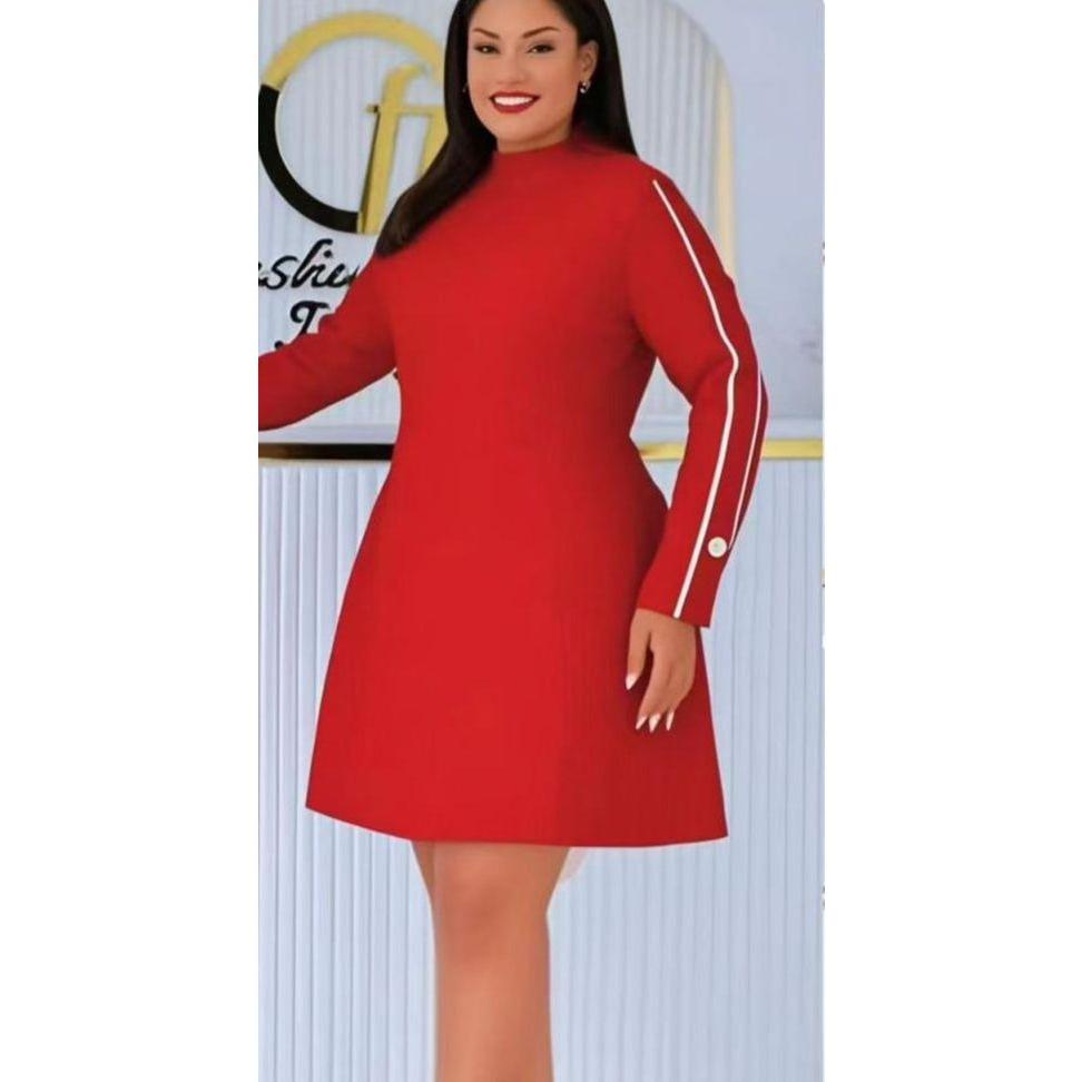 Long Sleeve Plain Color Knee Dress.
