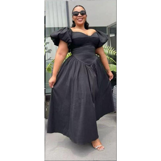 Sweetheart Collar Cap Sleeve Ruched Swing Maxi Dress