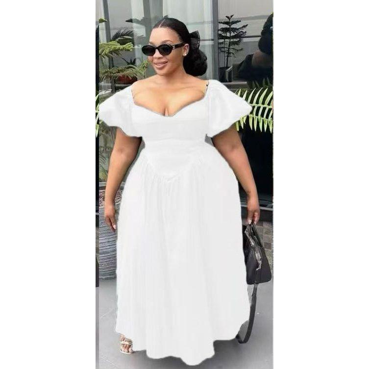 Sweetheart Collar Cap Sleeve Ruched Swing Maxi Dress