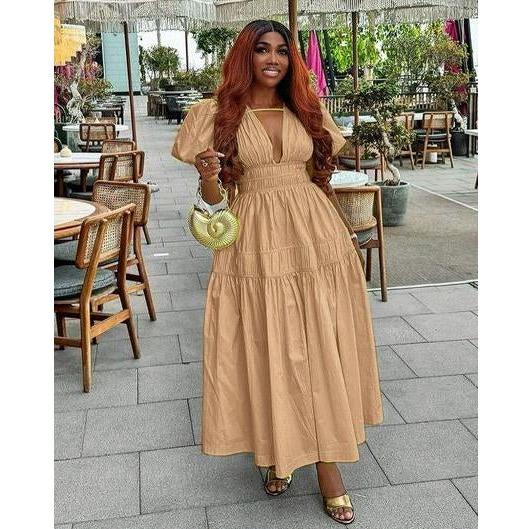 Elegant Bubble Sleeve Pleated Maxi Dress