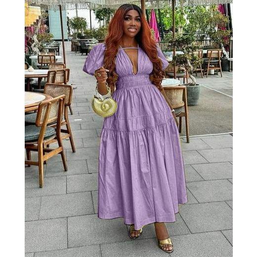 Elegant Bubble Sleeve Pleated Maxi Dress