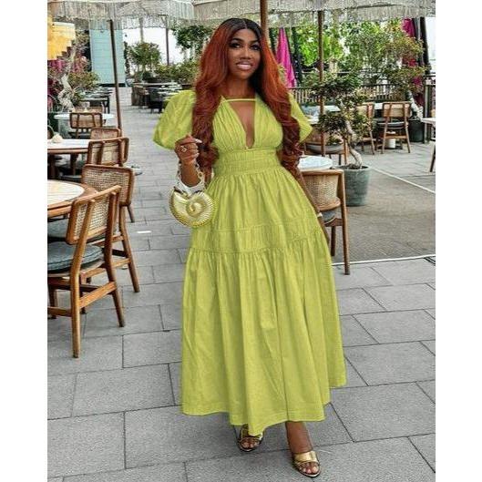 Elegant Bubble Sleeve Pleated Maxi Dress