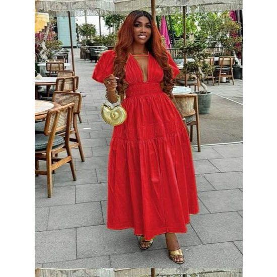 Elegant Bubble Sleeve Pleated Maxi Dress