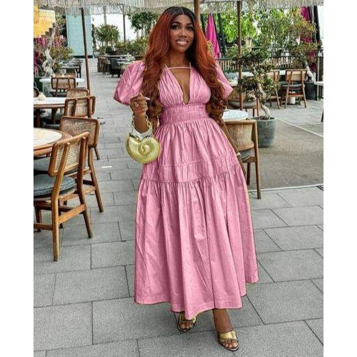 Elegant Bubble Sleeve Pleated Maxi Dress