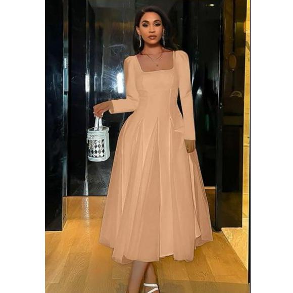 Pleated Squire-Neck Lace Patchwork Dress.