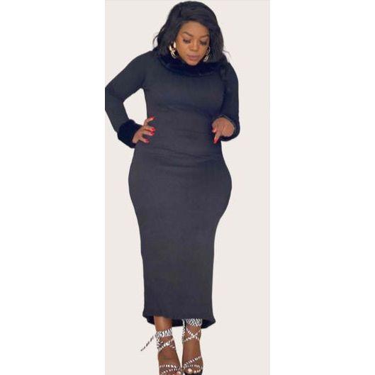 Long Sleeve Fur Neck Sexy Bodycon Dress