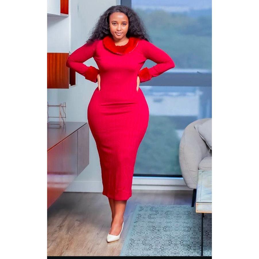 Long Sleeve Fur Neck Sexy Bodycon Dress