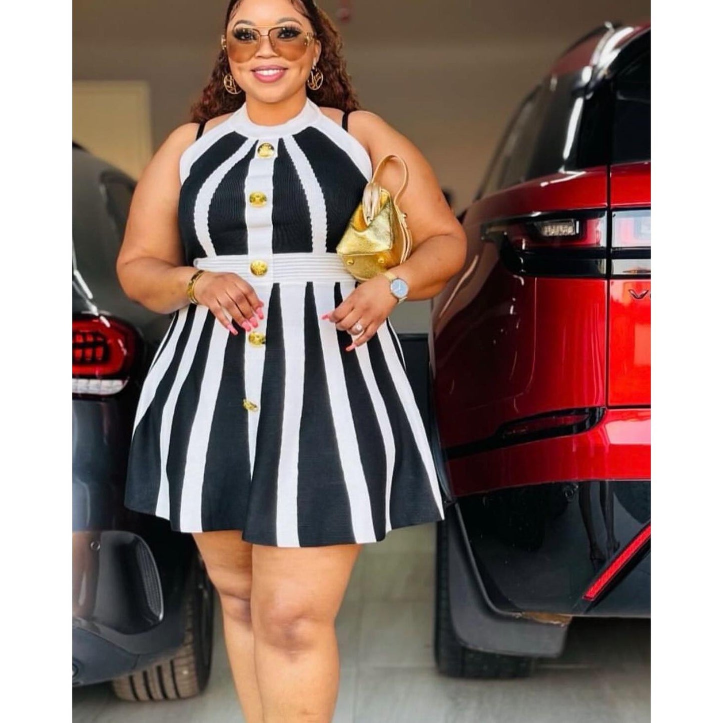 Stripe Button 3D Rose Halter Backless Sexy Sleeveless Knitted Mini Dress