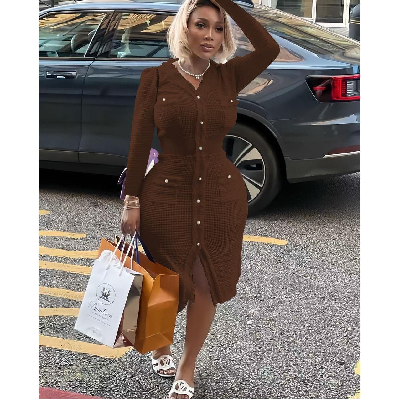 Formal Knitted Long Sleeve Midi Dress