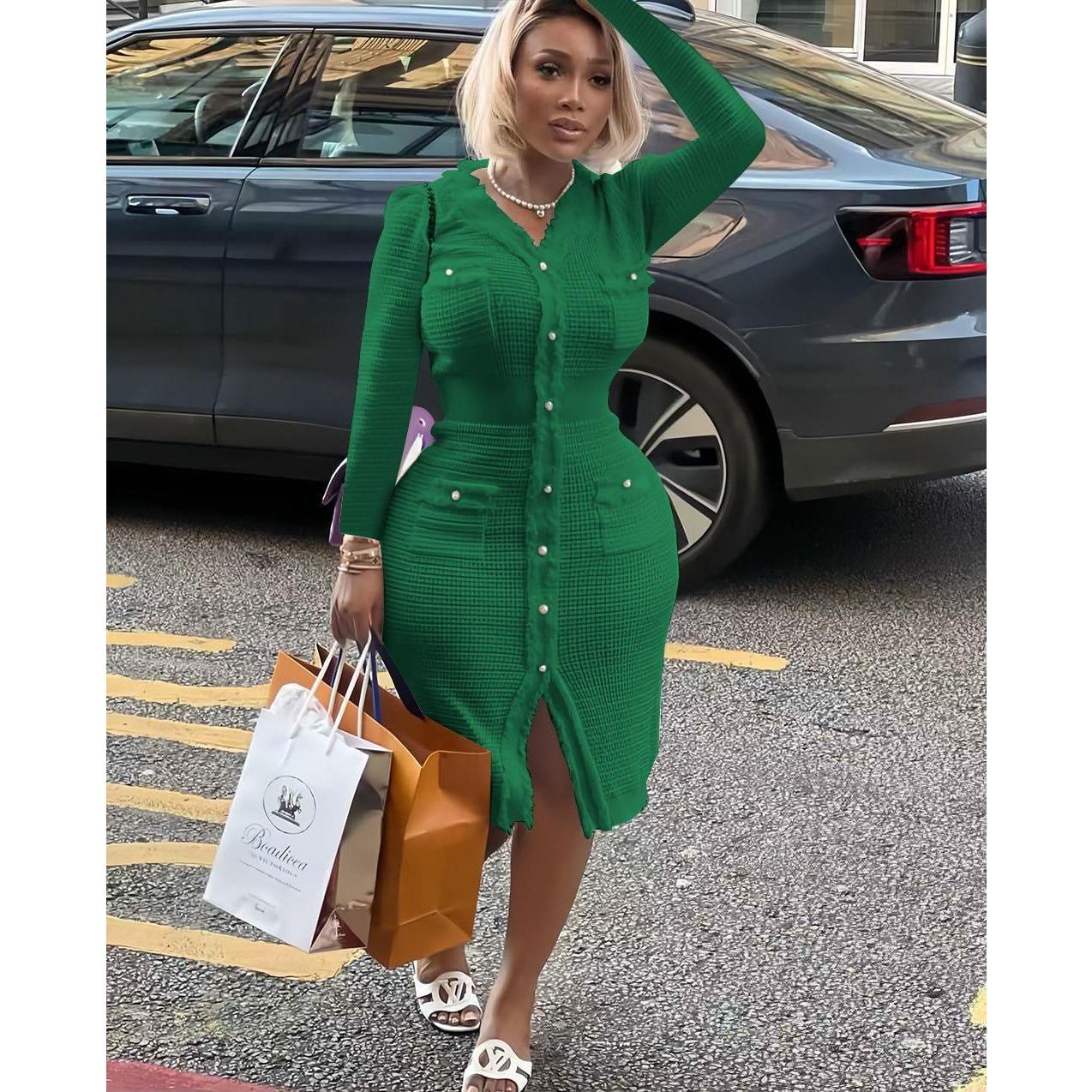 Formal Knitted Long Sleeve Midi Dress