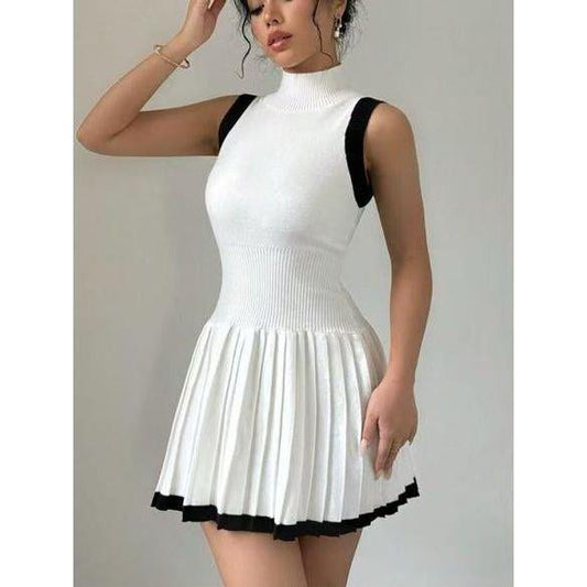 Sleeveless Round Neck Pleated Sweater Dress