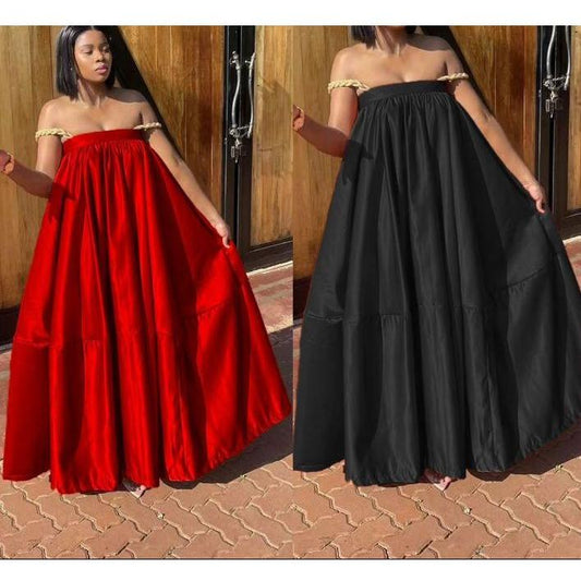 Pleated Off-Shoulder Flare Gown Midi Dress