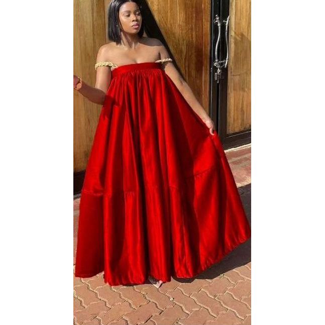 Pleated Off-Shoulder Flare Gown Midi Dress