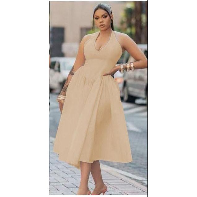 Halter Pleat A-Line Beautiful Style Midi Dress.