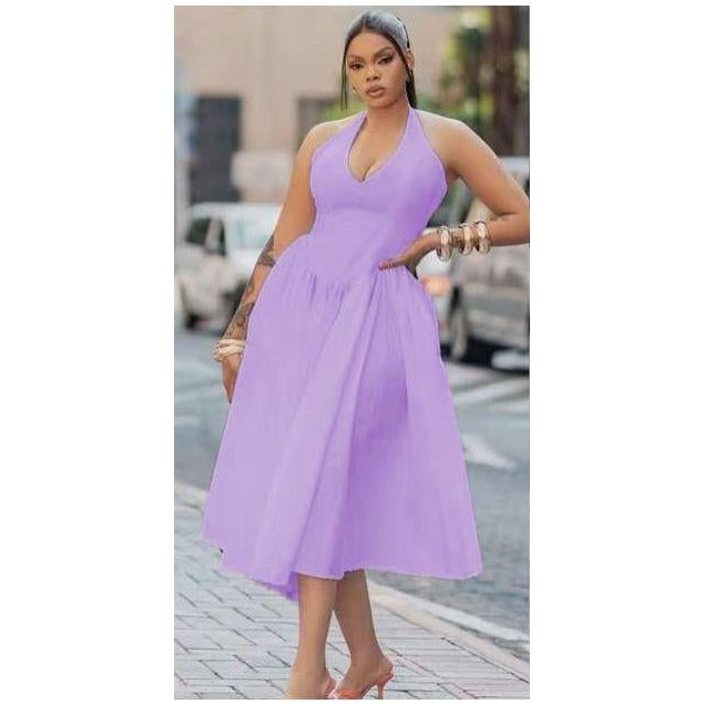 Halter Pleat A-Line Beautiful Style Midi Dress.