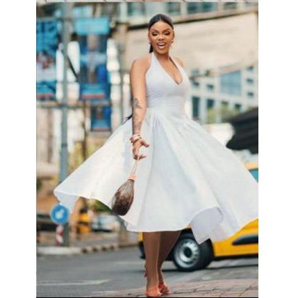 Halter Pleat A-Line Beautiful Style Midi Dress.