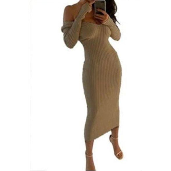 Off Shoulder Knitted Ribbed Stretch Midi Sweater Bodycon Pencil Dress