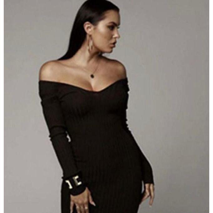 Off Shoulder Knitted Ribbed Stretch Midi Sweater Bodycon Pencil Dress