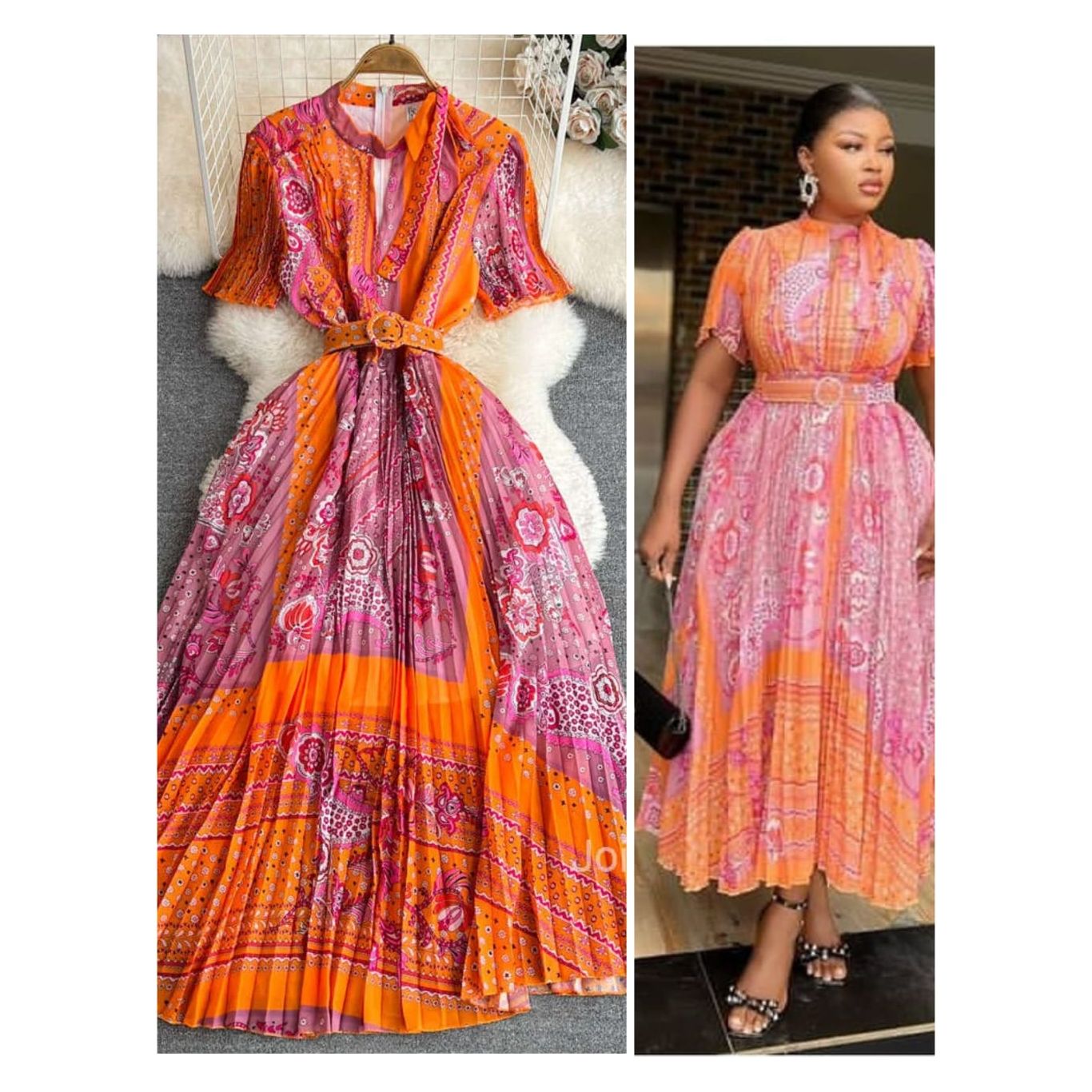 Short Sleeve Belted Pleated Maxi Dress