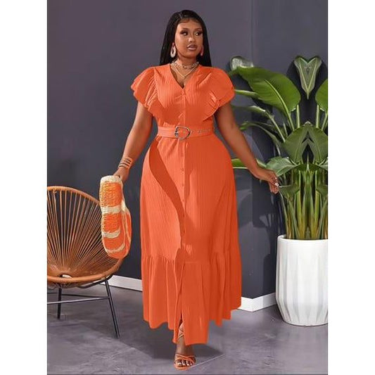 Plus Butterfly Sleeve Ruffle Hem Belted Dress