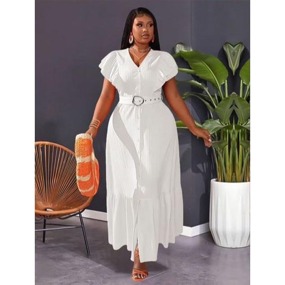 Plus Butterfly Sleeve Ruffle Hem Belted Dress