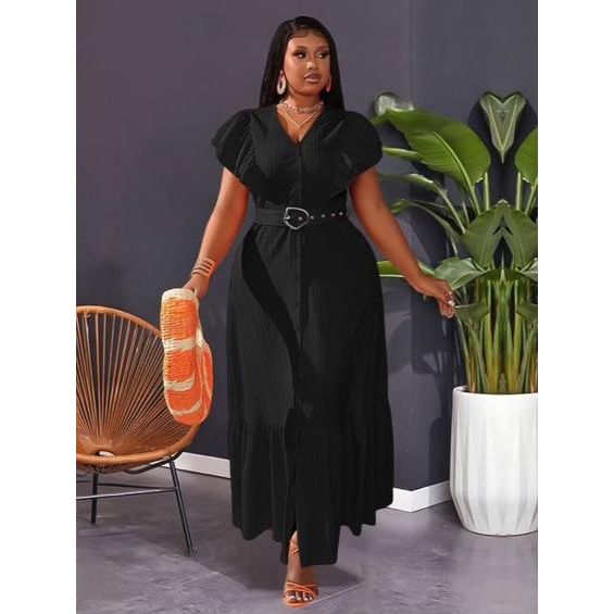 Plus Butterfly Sleeve Ruffle Hem Belted Dress