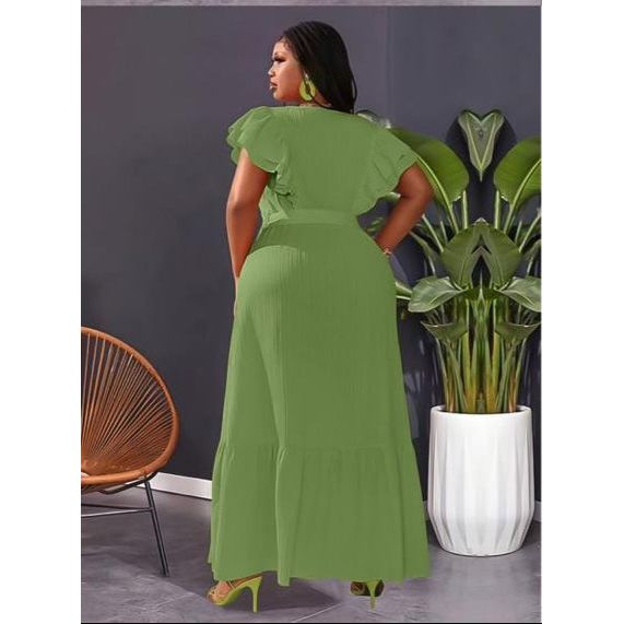 Plus Butterfly Sleeve Ruffle Hem Belted Dress