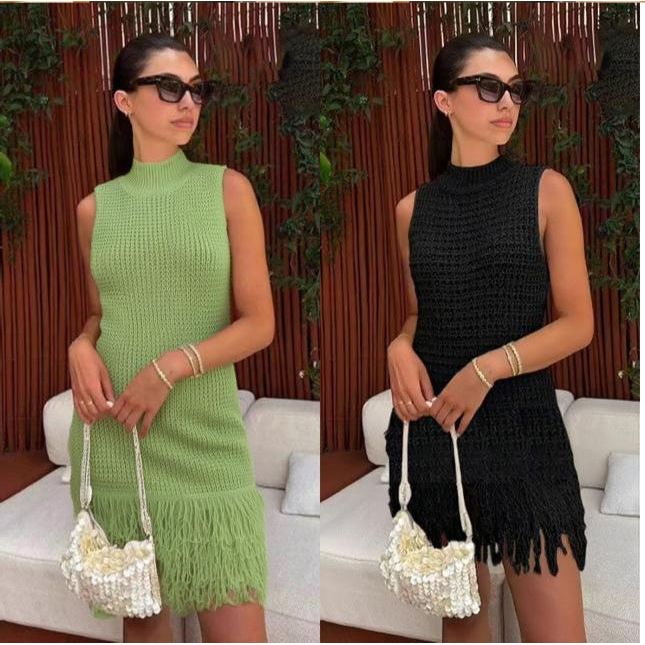 Sleeveless Strings Knitted Solid Color Short Dress.
